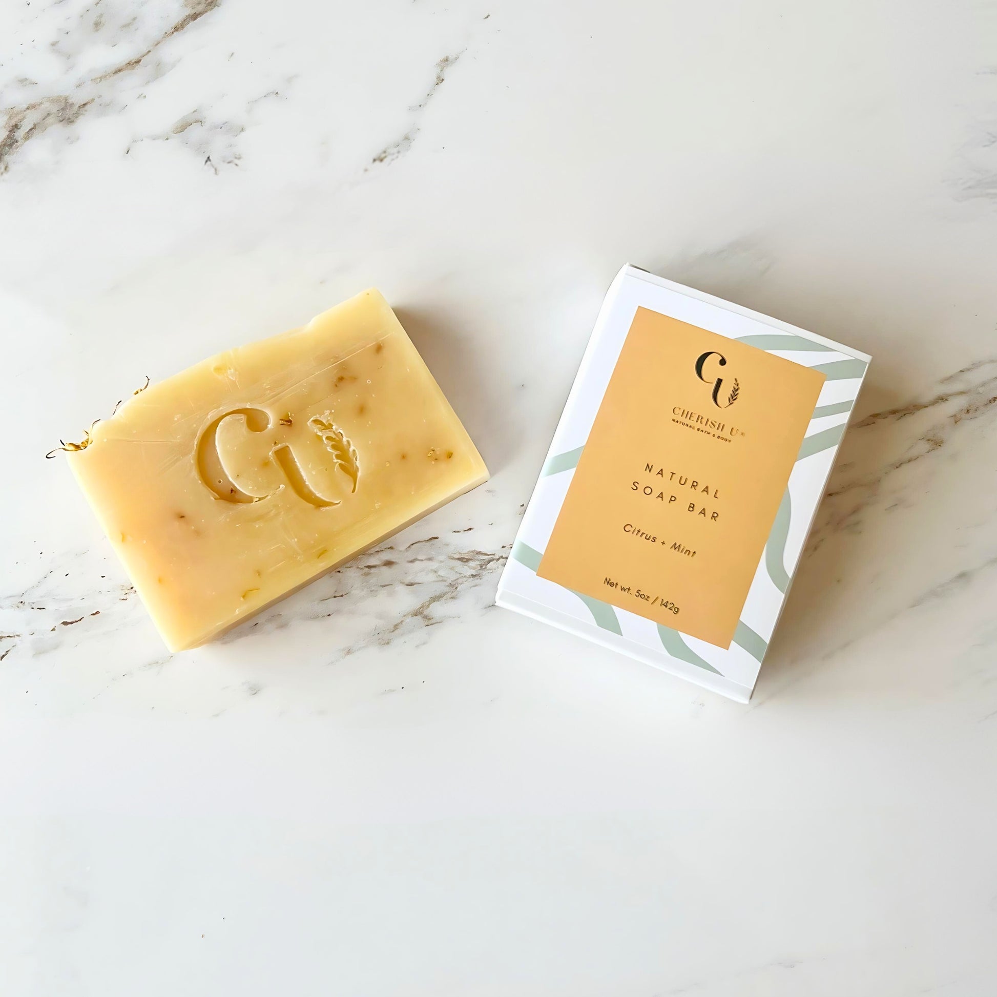 Refreshing all-natural Citrus + Mint Soap, combining invigorating citrus and mint essential oils for a rejuvenating and revitalizing cleanse.