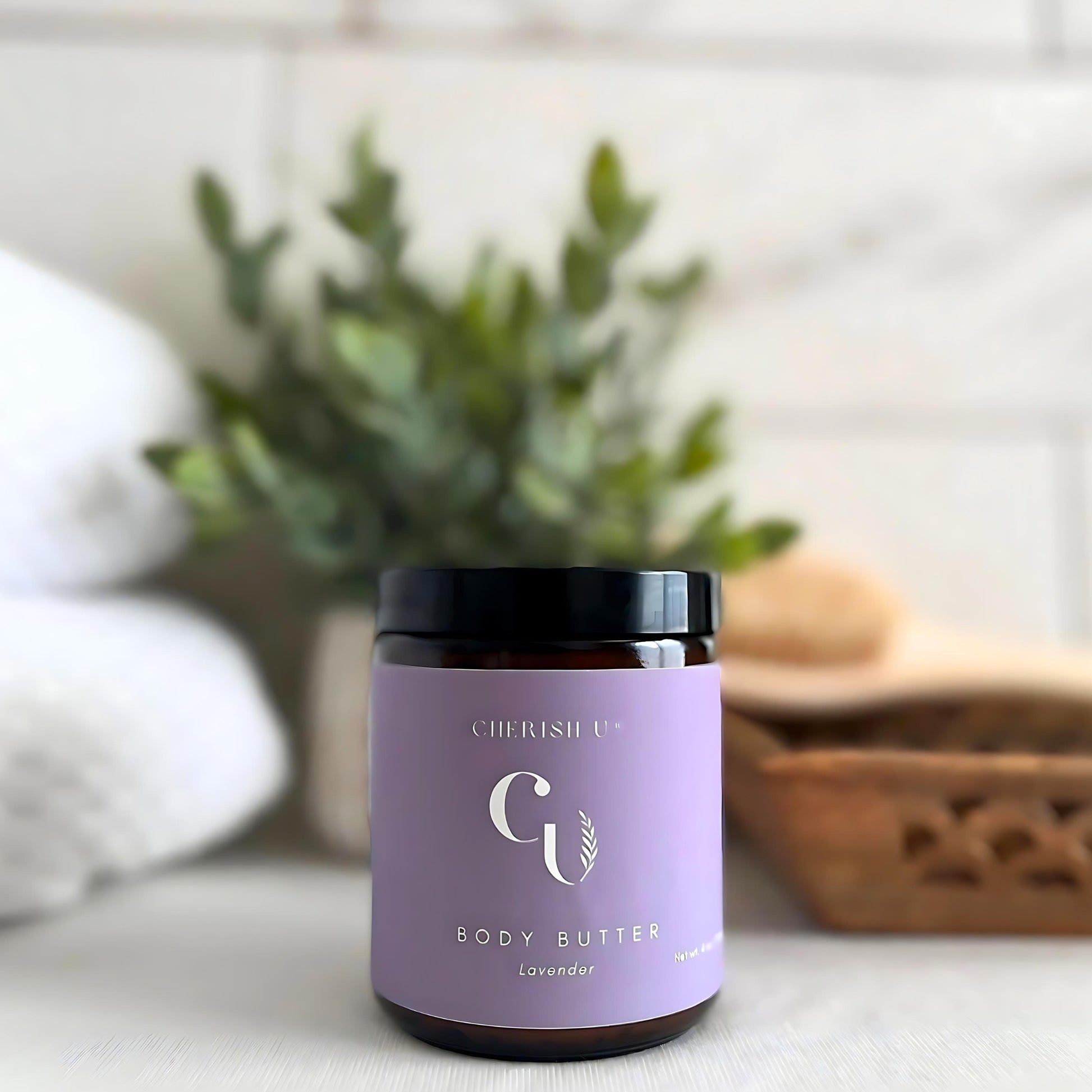 Amber jar of Lavender Body Butter, designed to provide intense hydration and a calming lavender scent for soothing the skin.