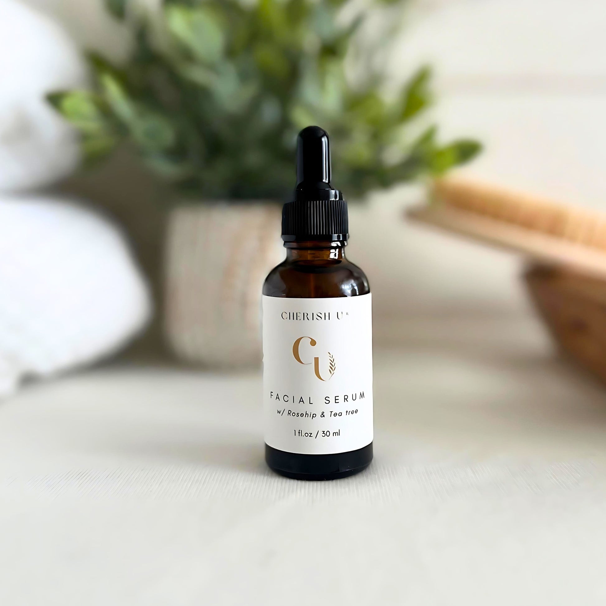 All-natural facial serum with rosehip and tea tree oil, formulated to nourish, brighten, and balance the skin for a healthy, radiant complexion