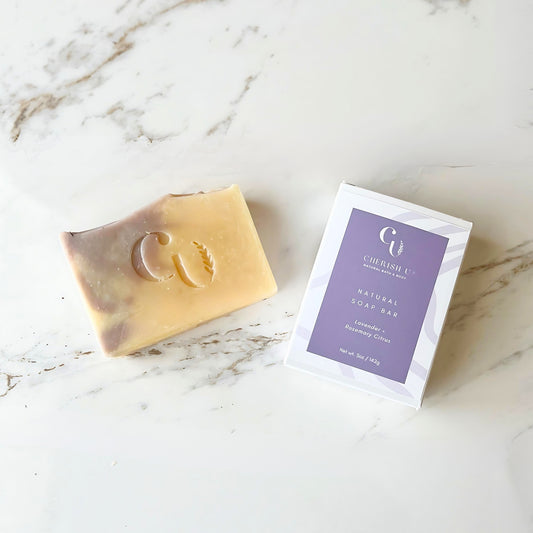 All-natural Lavender + Rosemary Citrus Soap with a refreshing and calming scent, made with pure essential oils for a luxurious cleanse. Cherish U®