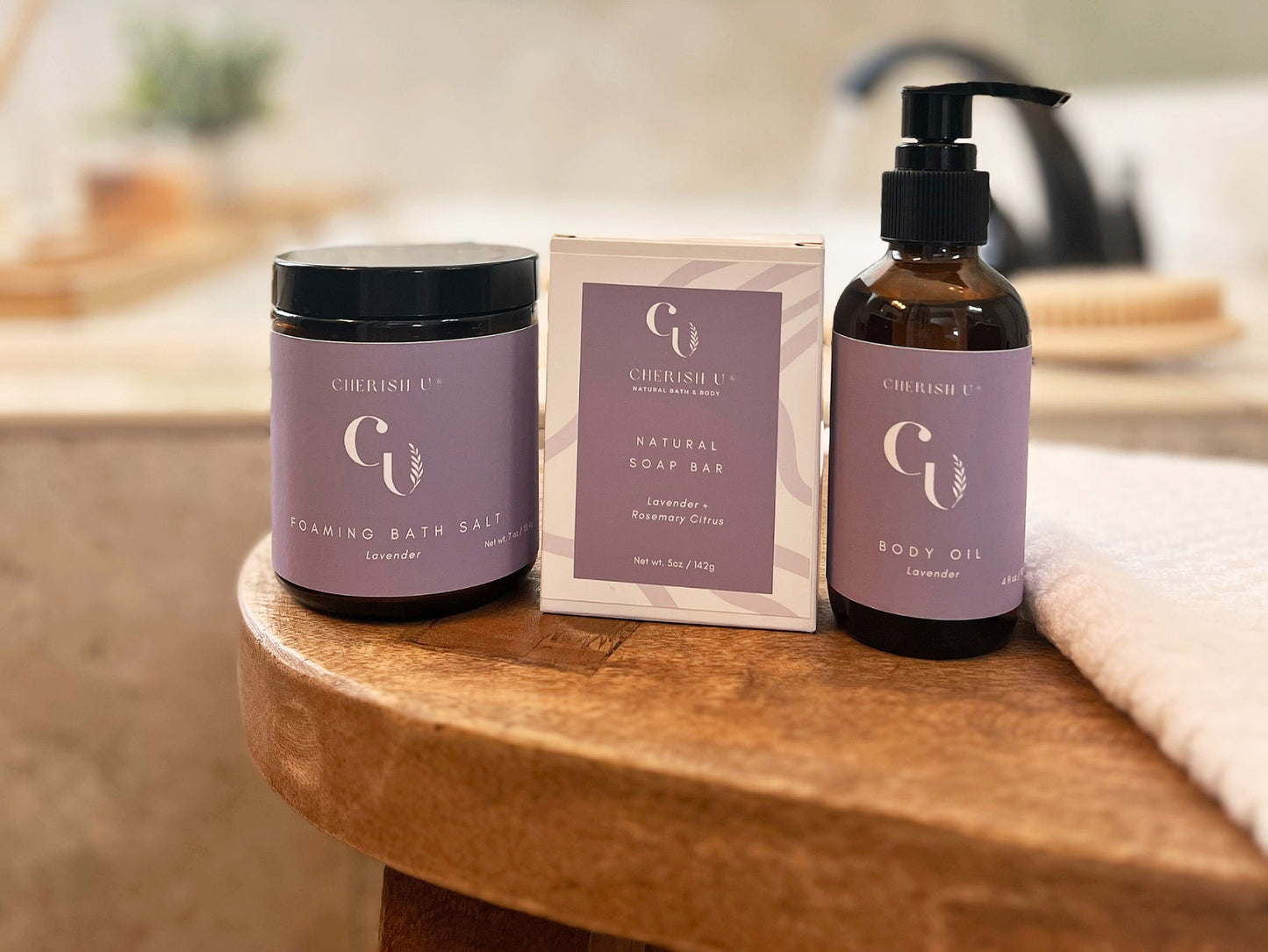 Relax Spa Bath Set with Lavender + Rosemary Citrus Soap, Lavender Foaming Bath Salt, and Lavender Body Oil for a calming and relaxing bath experience Cherish U®